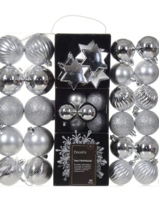 Kerstballen en ornamenten - 40x - kunststof - zilver - mix