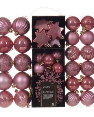 Kerstballen en ornamenten - 40x - kunststof - oudroze - mix