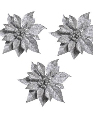 3x Kerstboomversiering bloem op clip zilveren kerstster 18 cm