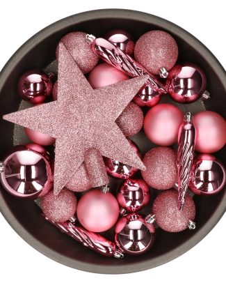 Decoris kerstballen set - 34-dlg - lippenstift roze - incl. piek - kunststof - kerstversiering