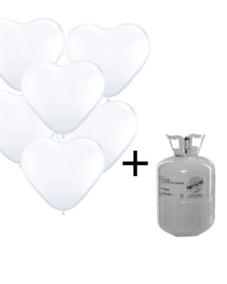 Helium Tank met Witte Hartjes Ballonnen - 20 stk
