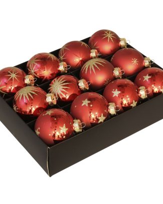 12x Luxe glazen rode kerstballen met gouden decoratie 7,5 cm