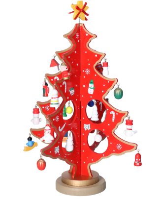 Klein decoratie kerstboompje - hout - rood - H26 cm - kinderkamer