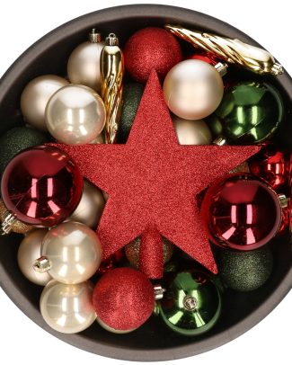 33x stuks kunststof kerstballen met piek 5-6-8 cm rood/groen/champagne incl. haakjes