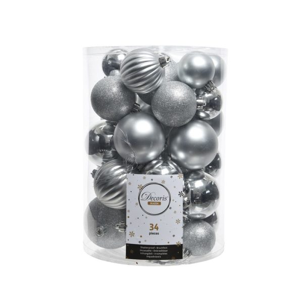 Kerstballen - 34x st - zilver - 4, 6, 7 en 8 cm - kunststof - kerstversiering