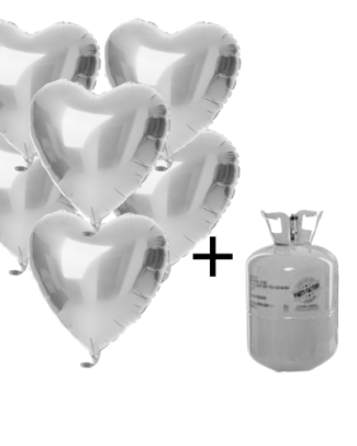 Helium Tank met Zilveren Folie Hartjes Ballonnen - 10 stk