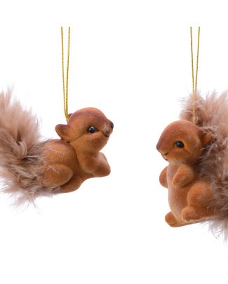 Kersthangers eekhoorns - 2x st - bruin - 6 cm - polyester - kerstboomversiering - ornamenten