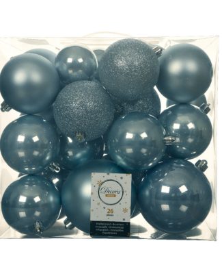Kerstballen - 26x st - lichtblauw - 6-8-10 cm - kunststof - kerstversiering