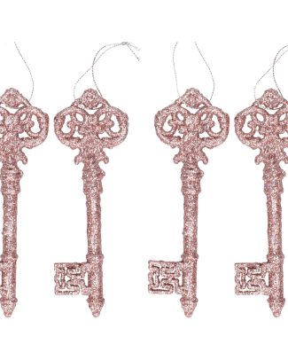 6x Kersthangers oud roze sleutel met glitters 15 cm