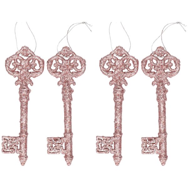 6x Kersthangers oud roze sleutel met glitters 15 cm