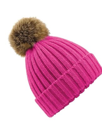 Beechfield gebreide wintermuts met bruine nep bont pompon - fuchsia roze - dames/heren