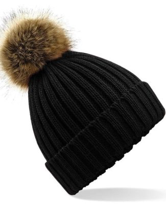 Beechfield gebreide wintermuts met bruine nep bont pompon - zwart - dames/heren