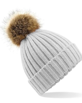 Beechfield gebreide wintermuts met bruine nep bont pompon - grijs - dames/heren