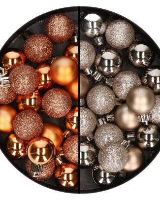 40x stuks kleine kunststof kerstballen koper en champagne 3 cm