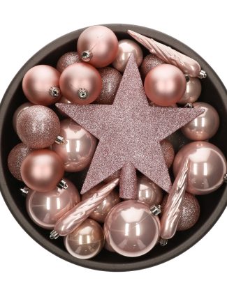 Bellatio Decorations kerstballen set - 33x st - met ster piek - lichtroze - kunststof