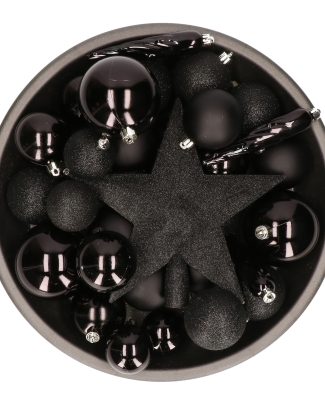 Bellatio Decorations kerstballen set - 34x - zwart - incl. piek - kunststof