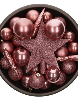 Bellatio Decorations kerstballen set - 33x st - met ster piek - oudroze - kunststof