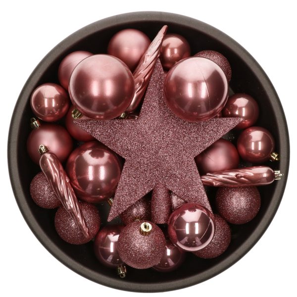 Bellatio Decorations kerstballen set - 33x st - met ster piek - oudroze - kunststof