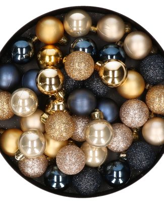 Kleine kerstballen - 42x st - donkerblauw - champagne - goud - D3 cm - kunststof - kerstversiering