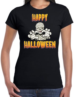 Happy Halloween horror mummie verkleed t-shirt zwart voor dames
