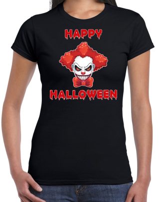 Happy Halloween rode horror clown verkleed t-shirt zwart voor dames