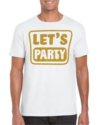 Verkleed T-shirt voor heren - lets party - wit - glitter goud - carnaval/themafeest