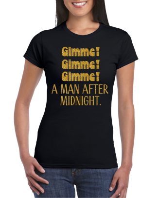Foute Party T-shirt voor dames - gimme gimme - zwart - glitter - vrijgezellenfeest - carnaval