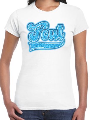 Verkleed T-shirt dames - FOUT - wit - blauw panter look - fout/goud/stout