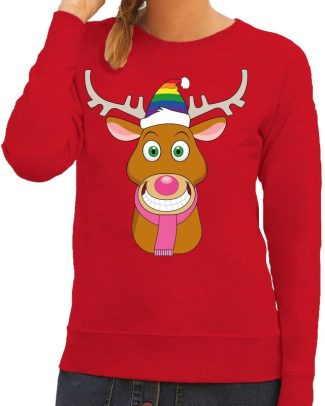 Foute kersttrui Gay Rudolf het rendier rood dames