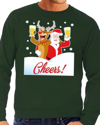 Foute kersttrui cheers met dronken kerstman groen heren