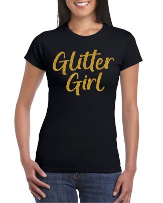 Verkleed T-shirt voor dames - glitter girl - zwart - glitter and glamour - carnaval/themafeest
