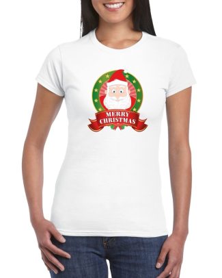 Kerst t-shirt met Kerstman wit Merry Christmas voor dames