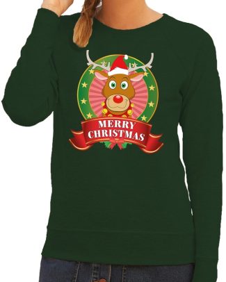 Foute kersttrui groen Rudolph Merry Christmas voor dames