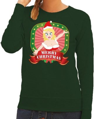 Foute kersttrui groen Merry Christmas kerstvrouw voor dames