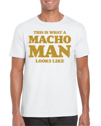 Foute party t-shirt voor heren - macho man - wit - glitter goud - carnaval/themafeest