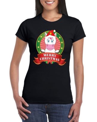 Eenhoorn Kerst t-shirt zwart Merry Christmas voor dames