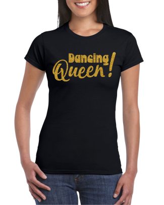 Vrijgezellenfeest t-shirt dames - Dancing Queen - zwart - gouden glitter - foute party