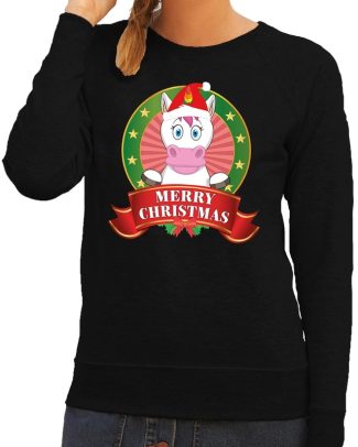 Foute kersttrui eenhoorn zwart Merry Christmas voor dames