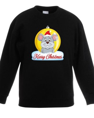 Kersttrui Merry Christmas muis kerstbal zwart kinderen