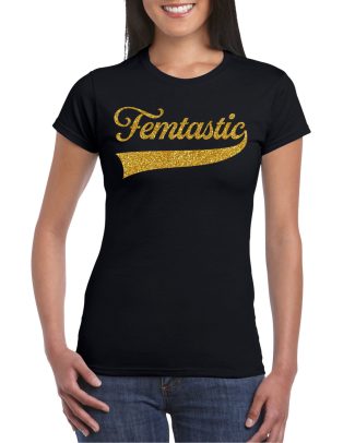 Foute party t-shirt voor dames - Femtastic - zwart - glitter - carnaval/themafeest