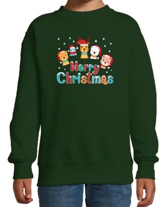 Foute kersttrui / sweater dieren Merry christmas groen kids