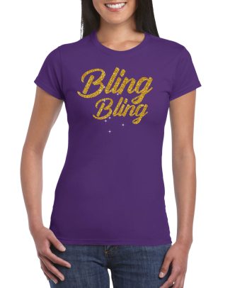 Glitter glamour feest t-shirt dames - bling bling goud - paars - feestkleding