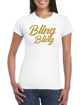 Glitter glamour feest t-shirt dames - bling bling goud - wit - feestkleding