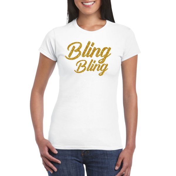 Glitter glamour feest t-shirt dames - bling bling goud - wit - feestkleding