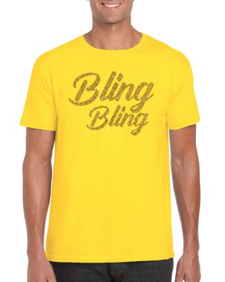 Glitter glamour feest t-shirt heren - bling bling goud - geel - feestkleding