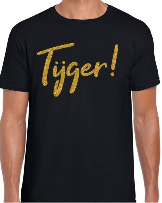 Verkleed T-shirt heren - Tijger! -? zwart - glitter goud - themafeest fout/goud/stout
