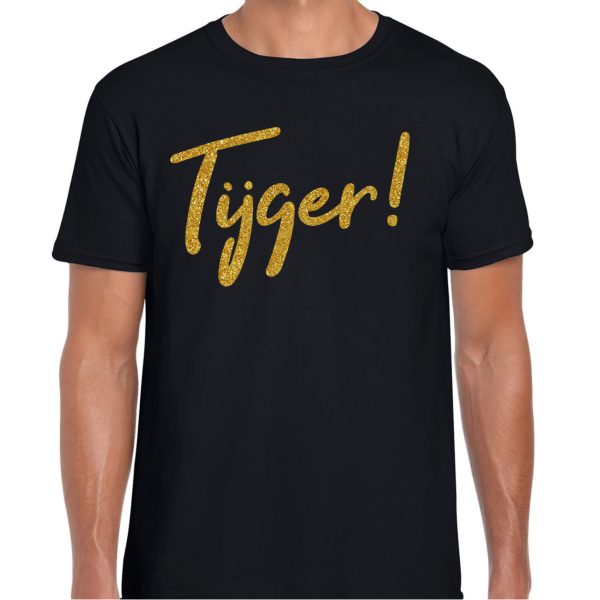 Verkleed T-shirt heren - Tijger! -? zwart - glitter goud - themafeest fout/goud/stout
