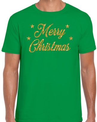 Kerst shirt Merry Christmas gouden glitter letters groen heren