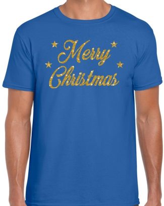Kerst shirt Merry Christmas gouden glitter letters blauw heren