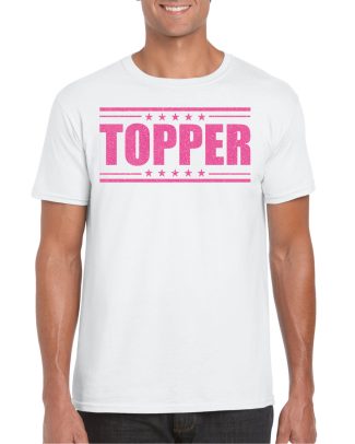 Verkleed T-shirt voor heren - topper - wit - roze glitters - feestkleding